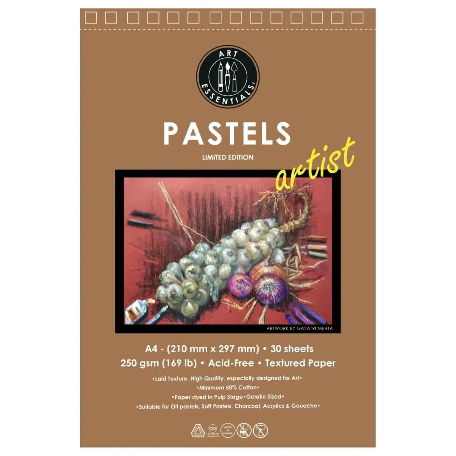 Art Essentials Artist Pastel Artist Paper-250 GSM,50% Pure Cotton Wiro Pads,20SHT with Micro-Perforation Art Essentials