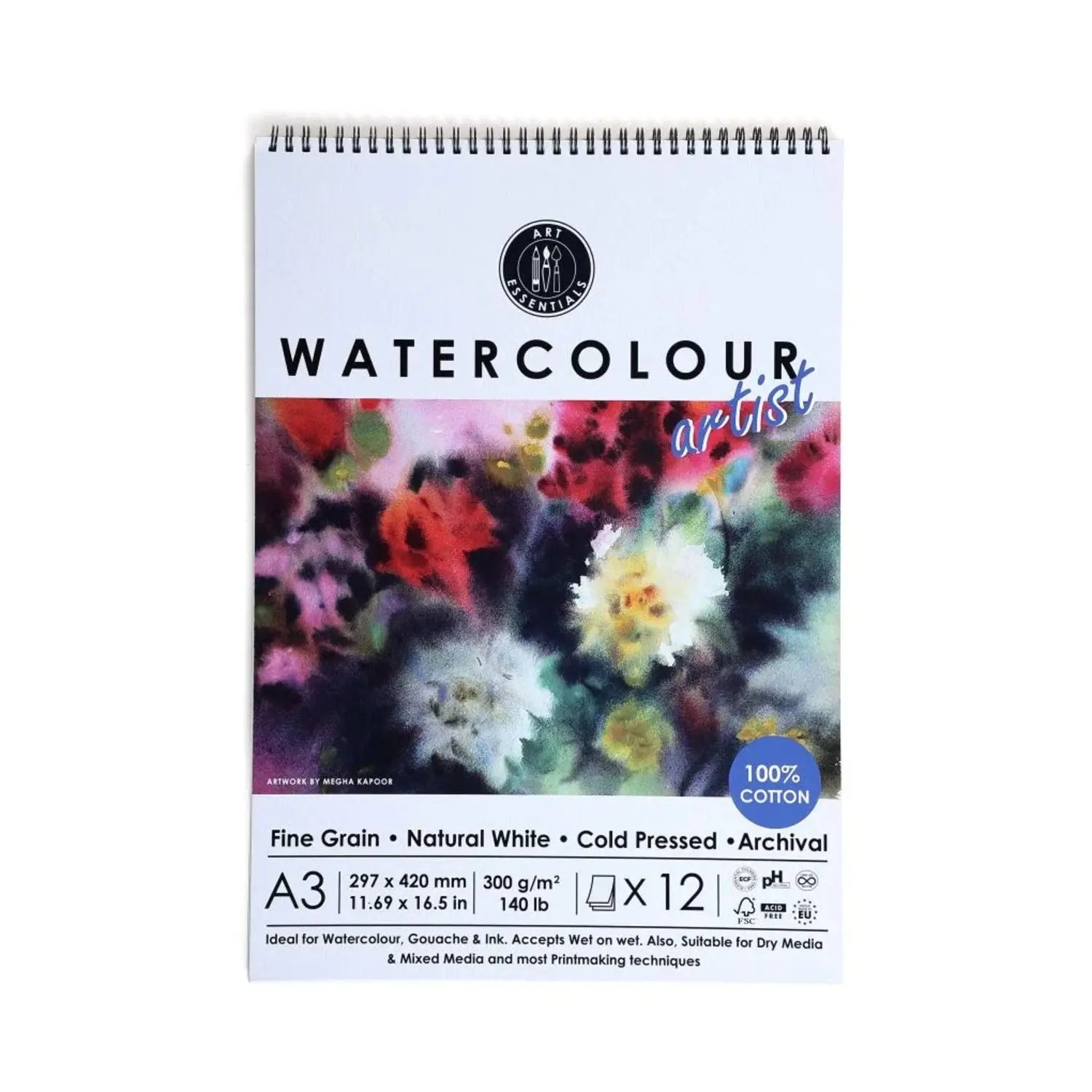 Art Essentials Artists Watercolour Paper Cold Pressed,12 SH,300GSM,100%Cotton -Spiral Pad Art Essentials