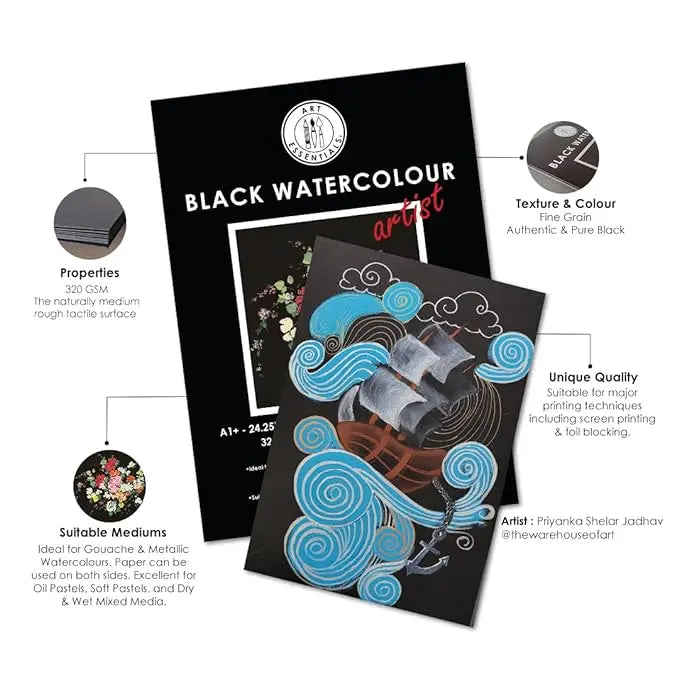 Art Essentials Black Watercolour Artist Paper Fine Grain 320GSM -Poly Pack Art Essentials