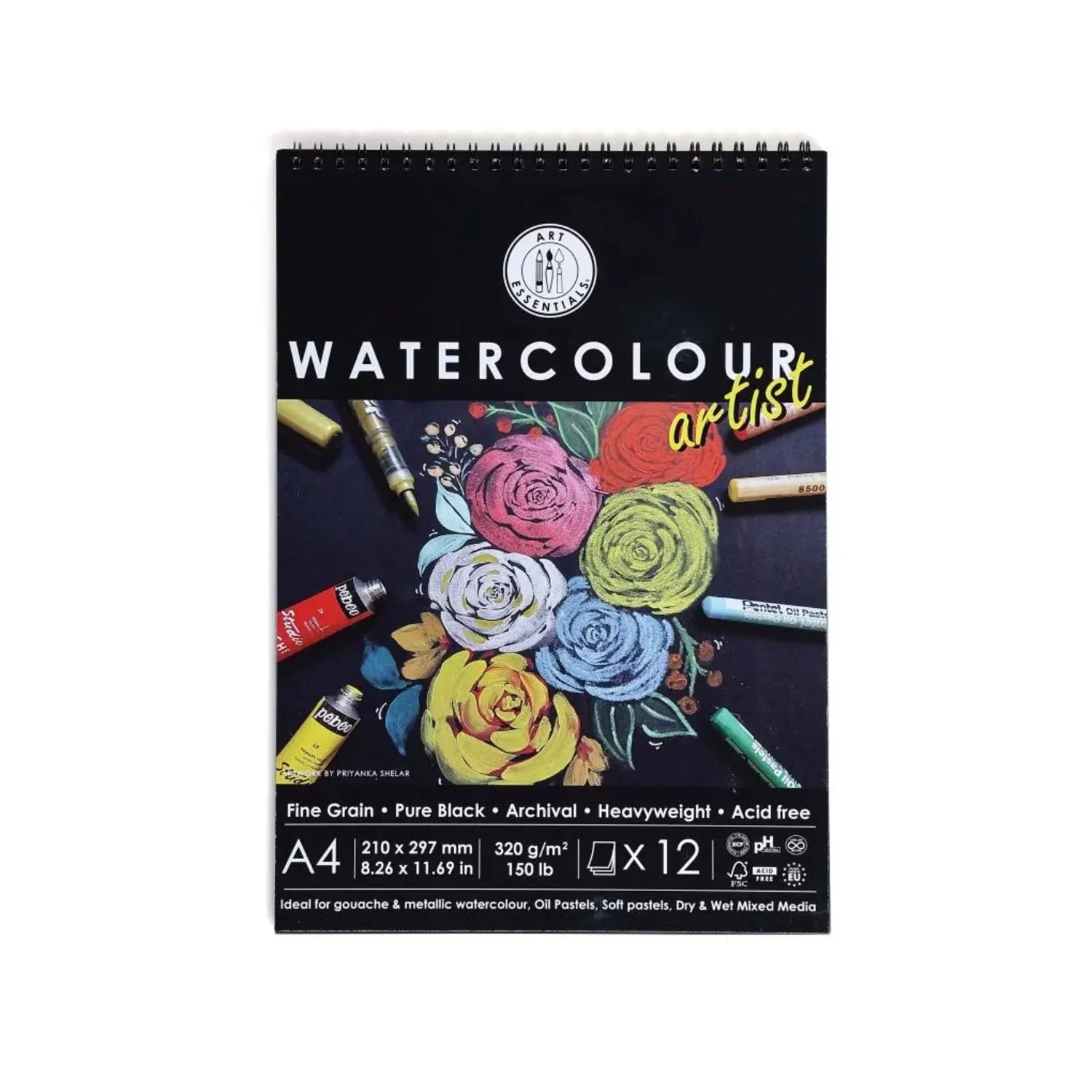 Art Essentials Black Watercolour Artist Paper Fine Grain 320GSM,12 SHT -Spiral Pad Art Essentials