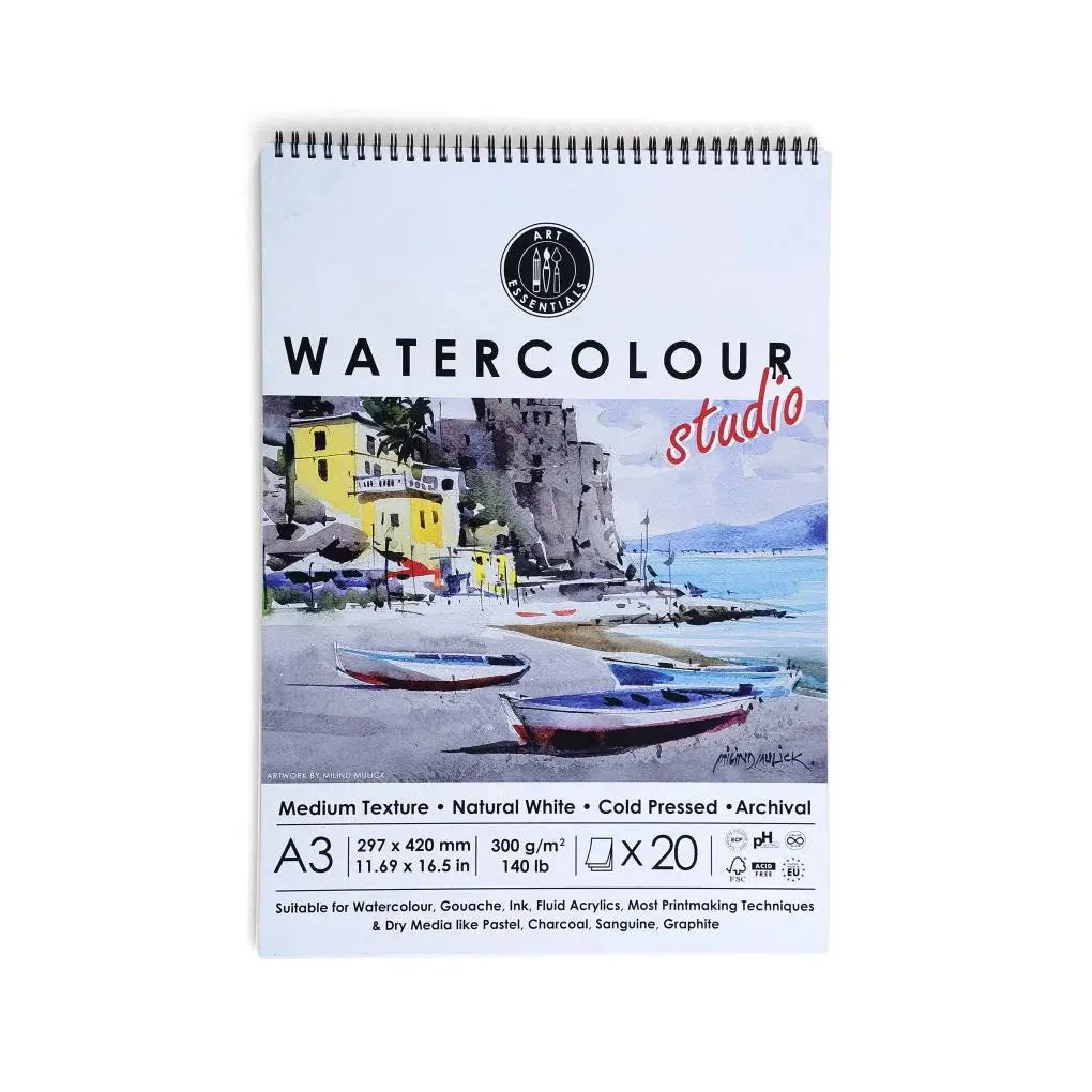 Art Essentials Studio Watercolour Paper 300GSM,Natural White Cold Pressed,Medium Surfac-Spiral Pad Art Essentials