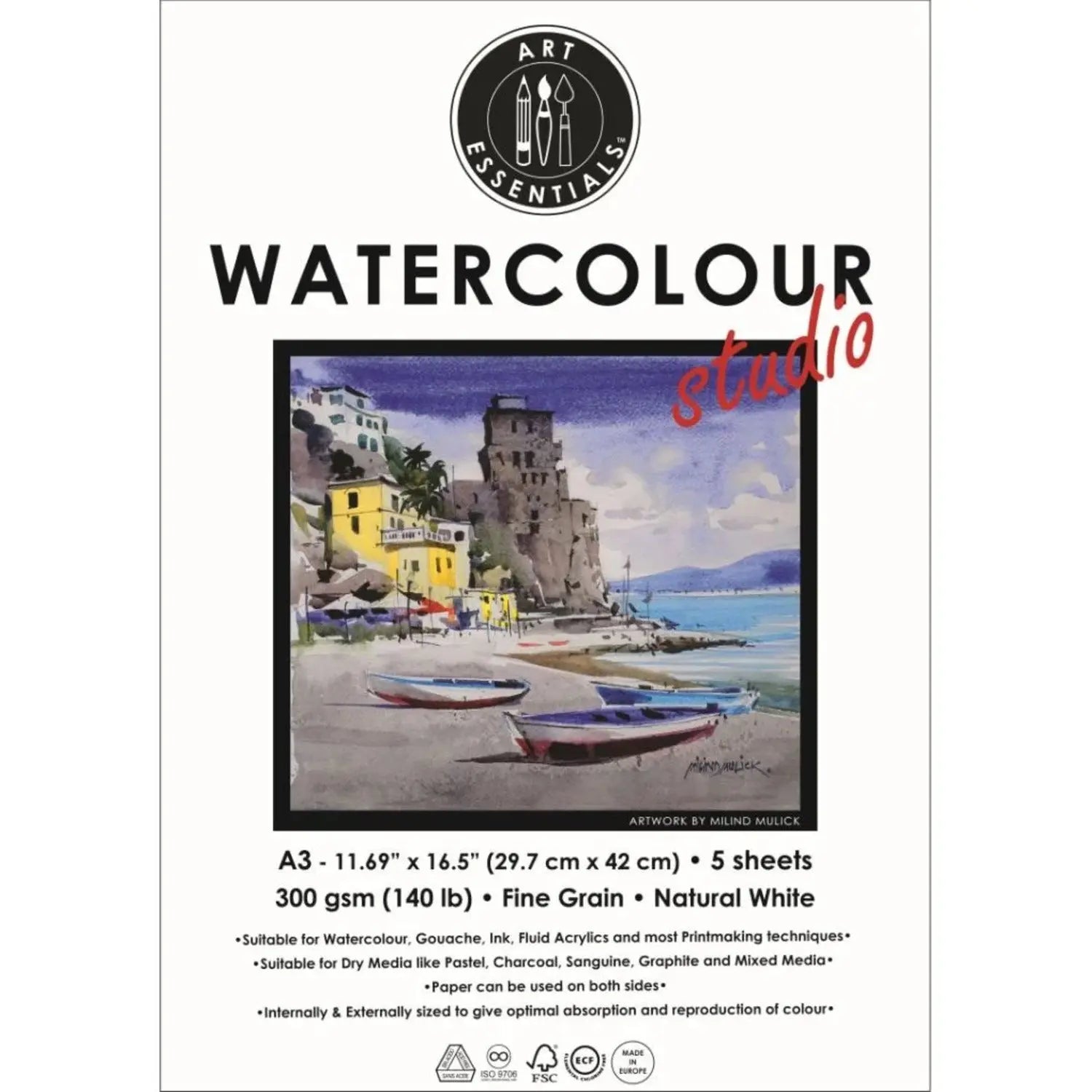 Art Essentials Studio Watercolour Paper 300GSM,Natural White Cold Pressed,Medium Surface Art Essentials