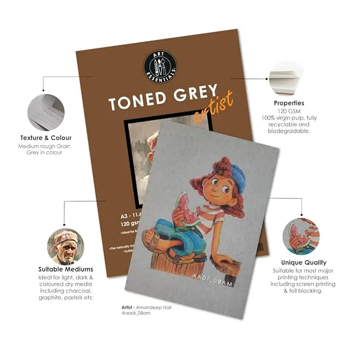 Art Essentials Toned Grey Artist Sketching Paper Medium Surface ,120 GSM- Poly Pack Art Essentials