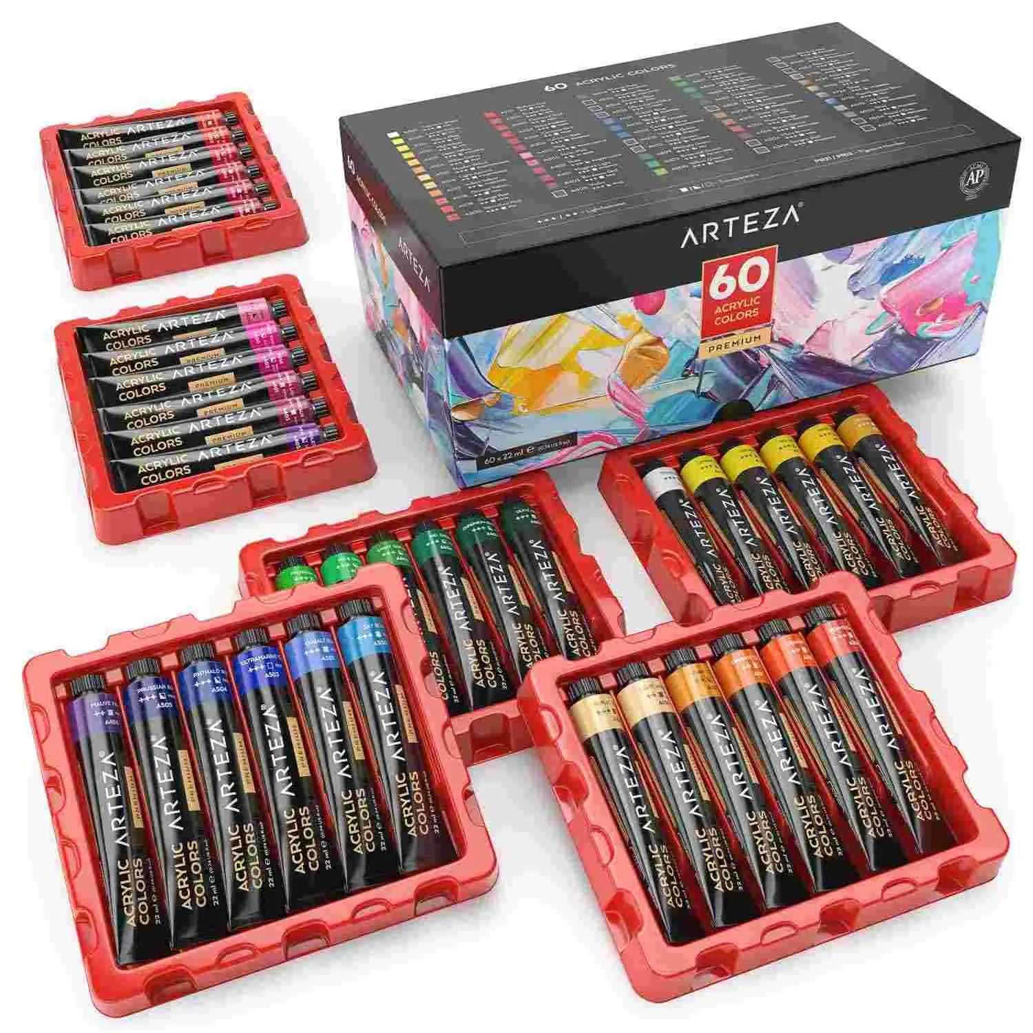 Arteza Acrylic Paint, Set of 60 Colors/Tubes (22 ml) with Storage Box, Rich Pigments, Non Fading, Non Toxic Paints for Artist & Hobby Painters, Art Supplies for Canvas Painting Arteza