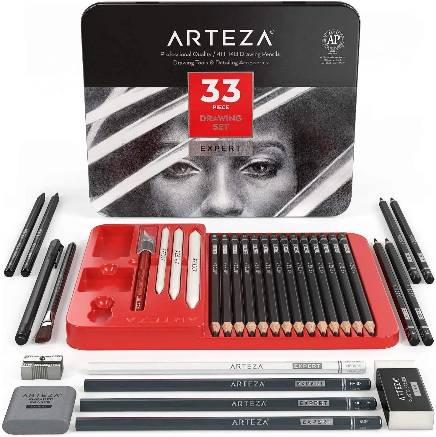 Arteza Drawing Set for Adults, Set of 33 Artist Sketching Tools Arteza