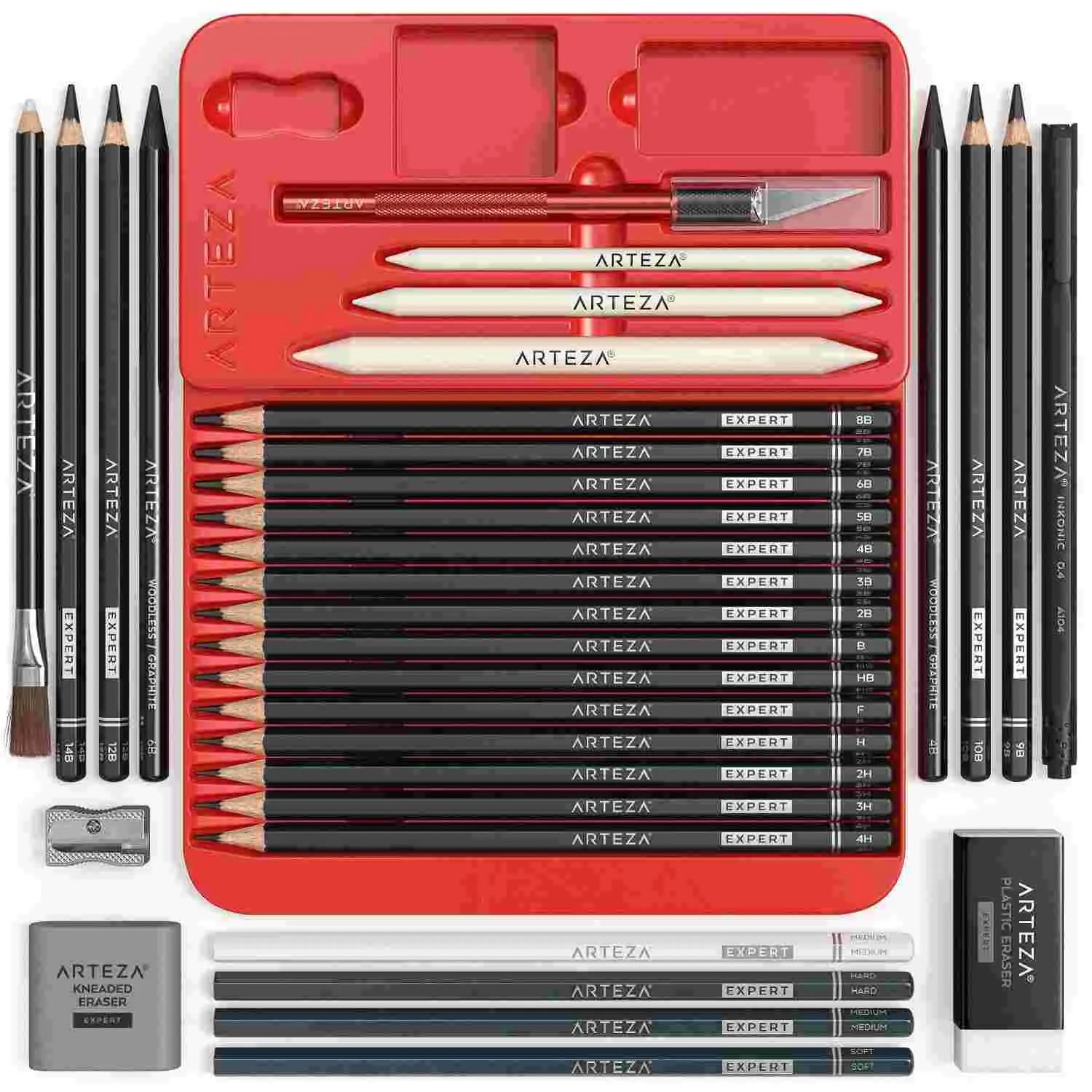 Arteza Drawing Set for Adults, Set of 33 Artist Sketching Tools, 20 Graphite & 4 Charcoal Sketch Pencils, 1 Fineliner, 3 Blenders, 1 Sharpener, 3 Erasers & 1 Hobby Knife, Art Supplies for Drawing Arteza