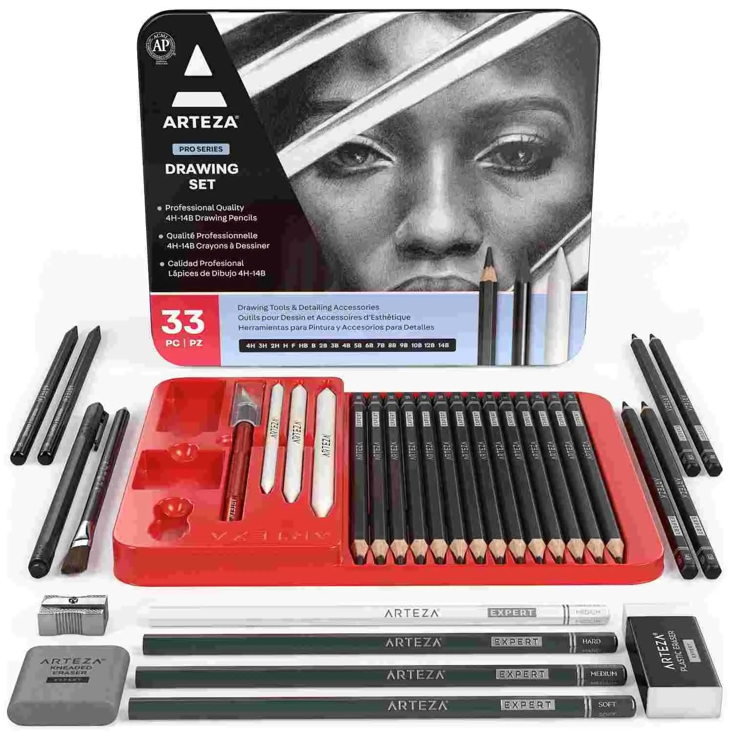 Arteza Drawing Set for Adults, Set of 33 Artist Sketching Tools, 20 Graphite & 4 Charcoal Sketch Pencils, 1 Fineliner, 3 Blenders, 1 Sharpener, 3 Erasers & 1 Hobby Knife, Art Supplies for Drawing Arteza