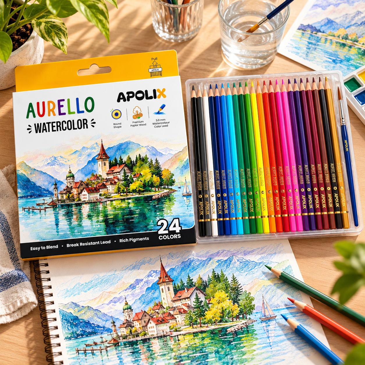 Apolix Aurello Watercolor Pencils - 24 Colours - Aurello Watercolour Pencil Art Desk