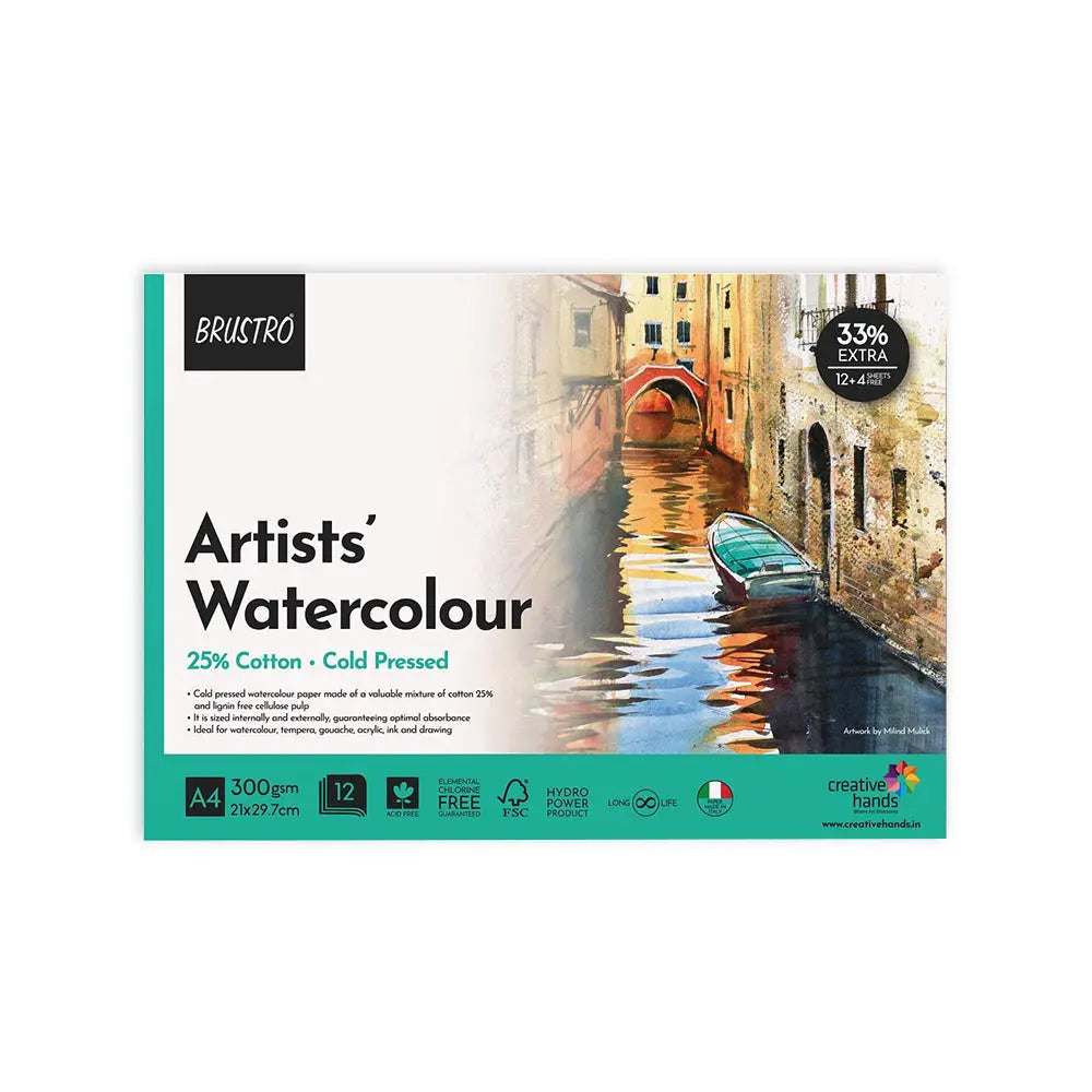 BRUSTRO Artist Watercolour Pad 25% Cotton Cold Pressed 300 GSM A4 Brustro