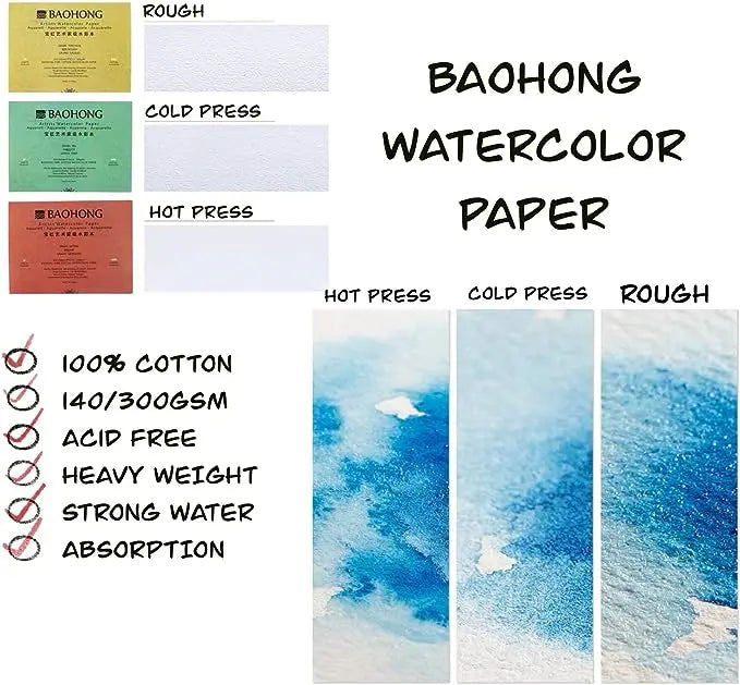 Baohong Artists Watercolour Paper - Natural White  300 GSM - 100% Cotton Paper Glued 4 Side Pad (Block) Of 20 Sheet (Artist Level) Baohong
