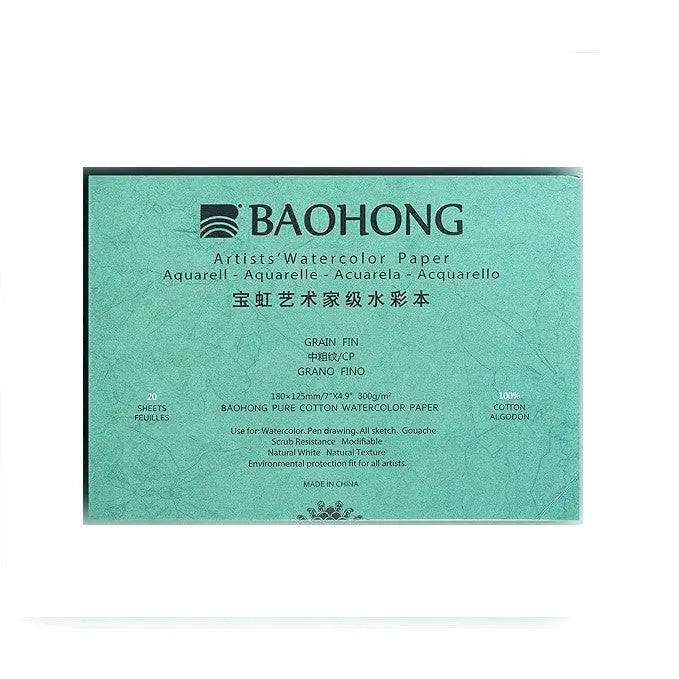 Baohong Artists Watercolour Paper - Natural White  300 GSM - 100% Cotton Paper Glued 4 Side Pad (Block) Of 20 Sheet (Artist Level) Baohong