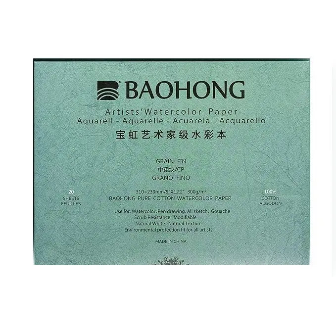 Baohong Artists Watercolour Paper - Natural White  300 GSM - 100% Cotton Paper Glued 4 Side Pad (Block) Of 20 Sheet (Artist Level) Baohong