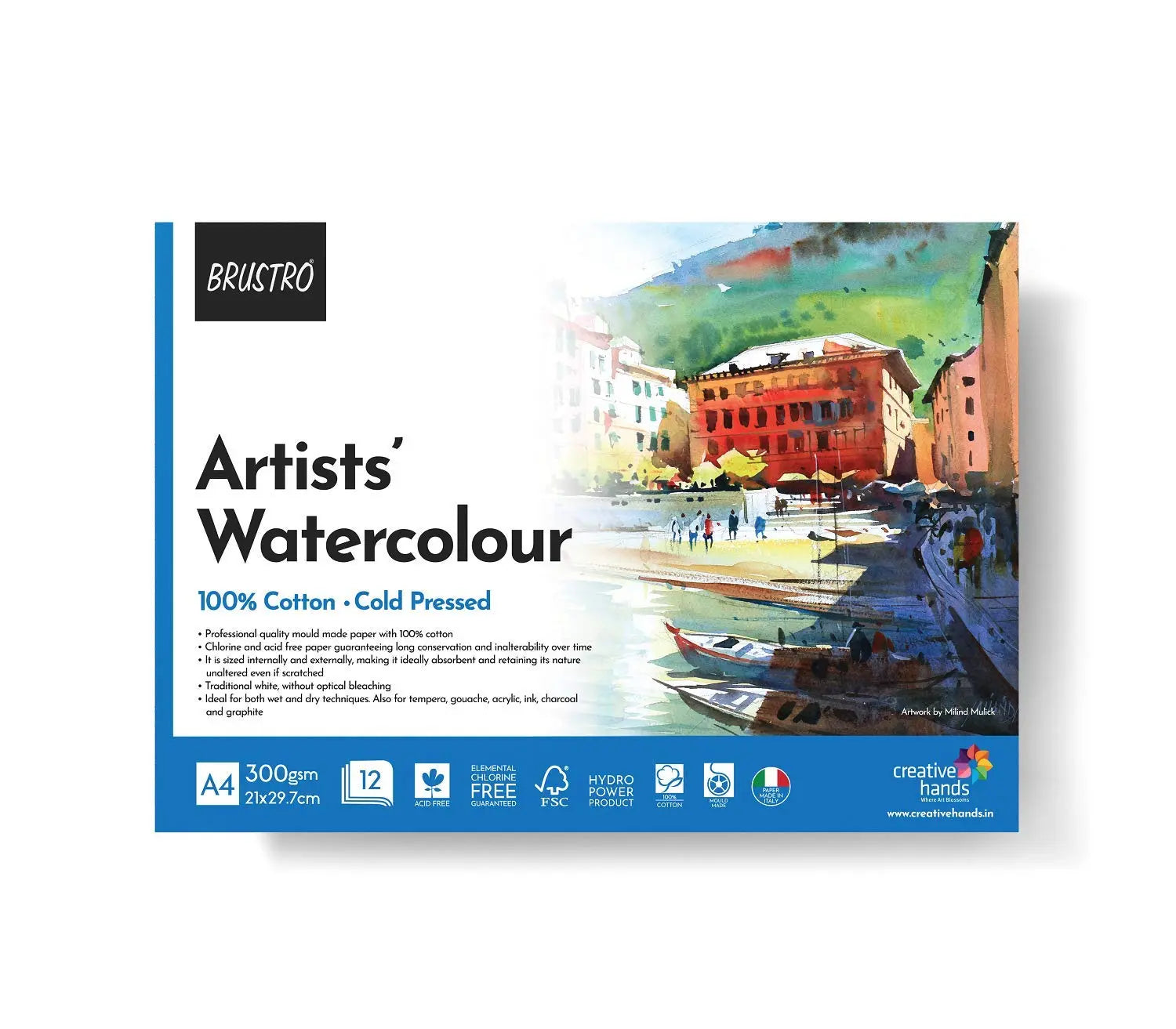 Brustro Artist 100% Cotton Watercolour Pad Cold Pressed 300 GSM A4-12 Sheets Brustro