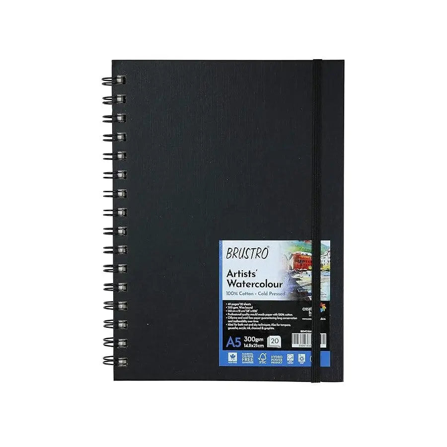 Brustro Artist 100% Cotton Watercolour Wiro Bound Journal Cold Pressed 300 GSM, A5 - (20 Sheets) brustro