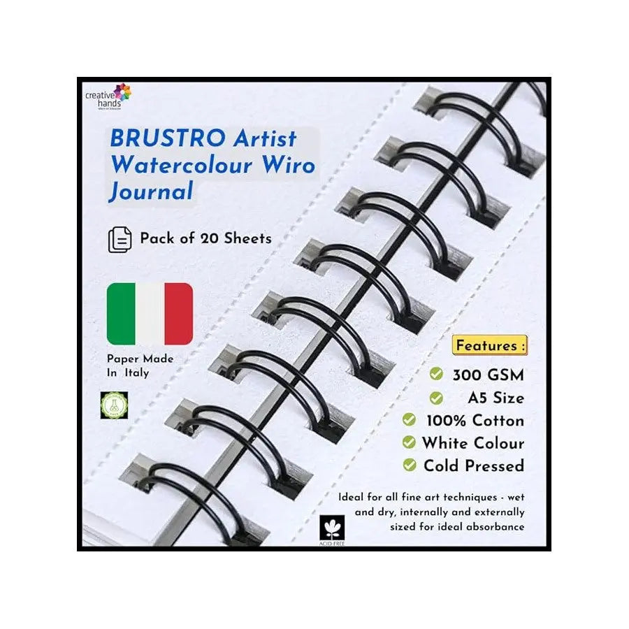 Brustro Artist 100% Cotton Watercolour Wiro Journal Cold Pressed 300 GSM, A5 - (20 Sheets) brustro