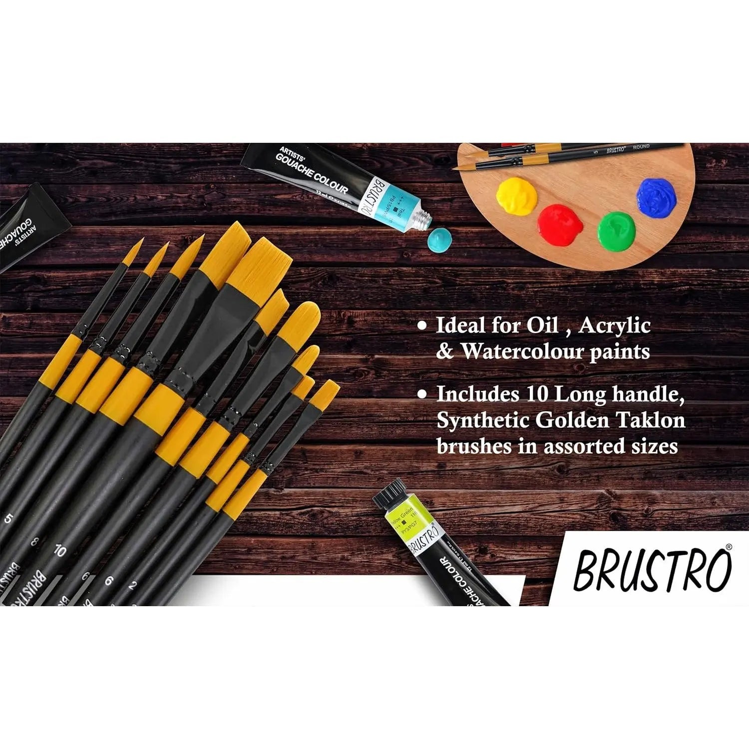 Brustro Artists Gold Taklon Brushes for Acrylics, Oil and Watercolour Set Of 10 Brustro