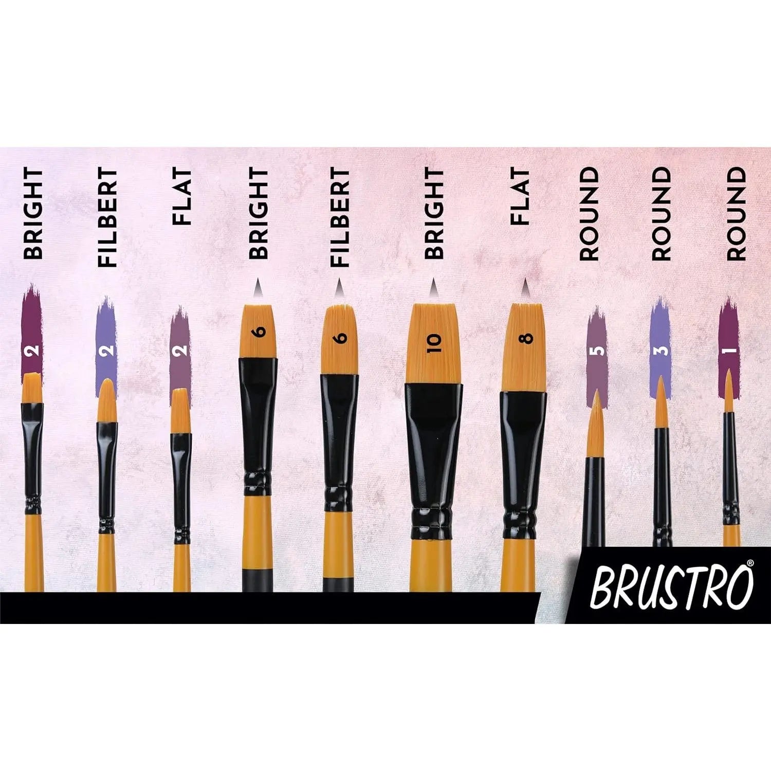 Brustro Artists Gold Taklon Brushes for Acrylics, Oil and Watercolour Set Of 10 Brustro