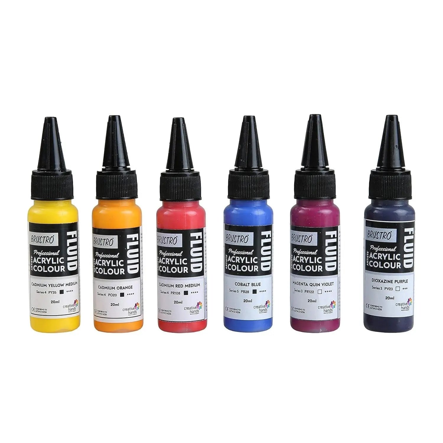 Brustro Professional Artists Acrylic Colour Fluid 20ml Pack Of 6 - High Chroma Brustro