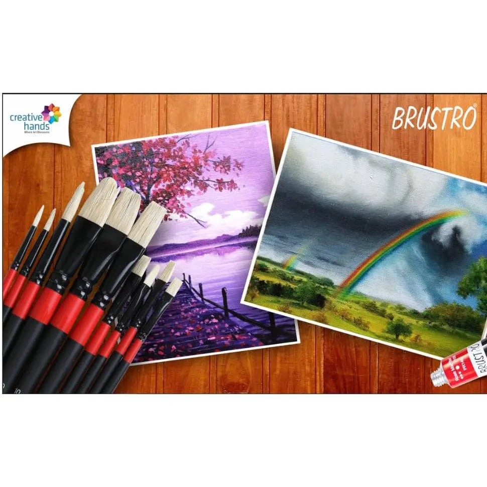 Brustro White Bristle Oil, Acrylic Colour Round  Brush Set Of 10 Brustro