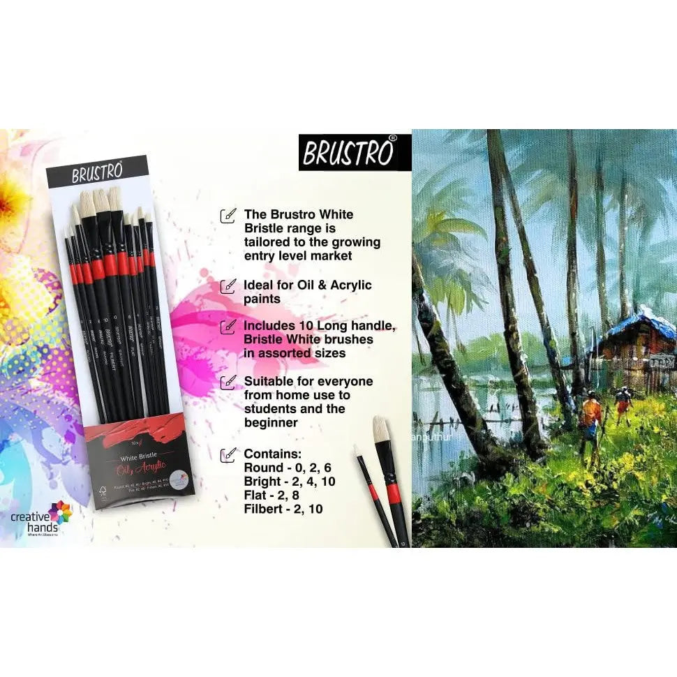Brustro White Bristle Oil, Acrylic Colour Round  Brush Set Of 10 Brustro