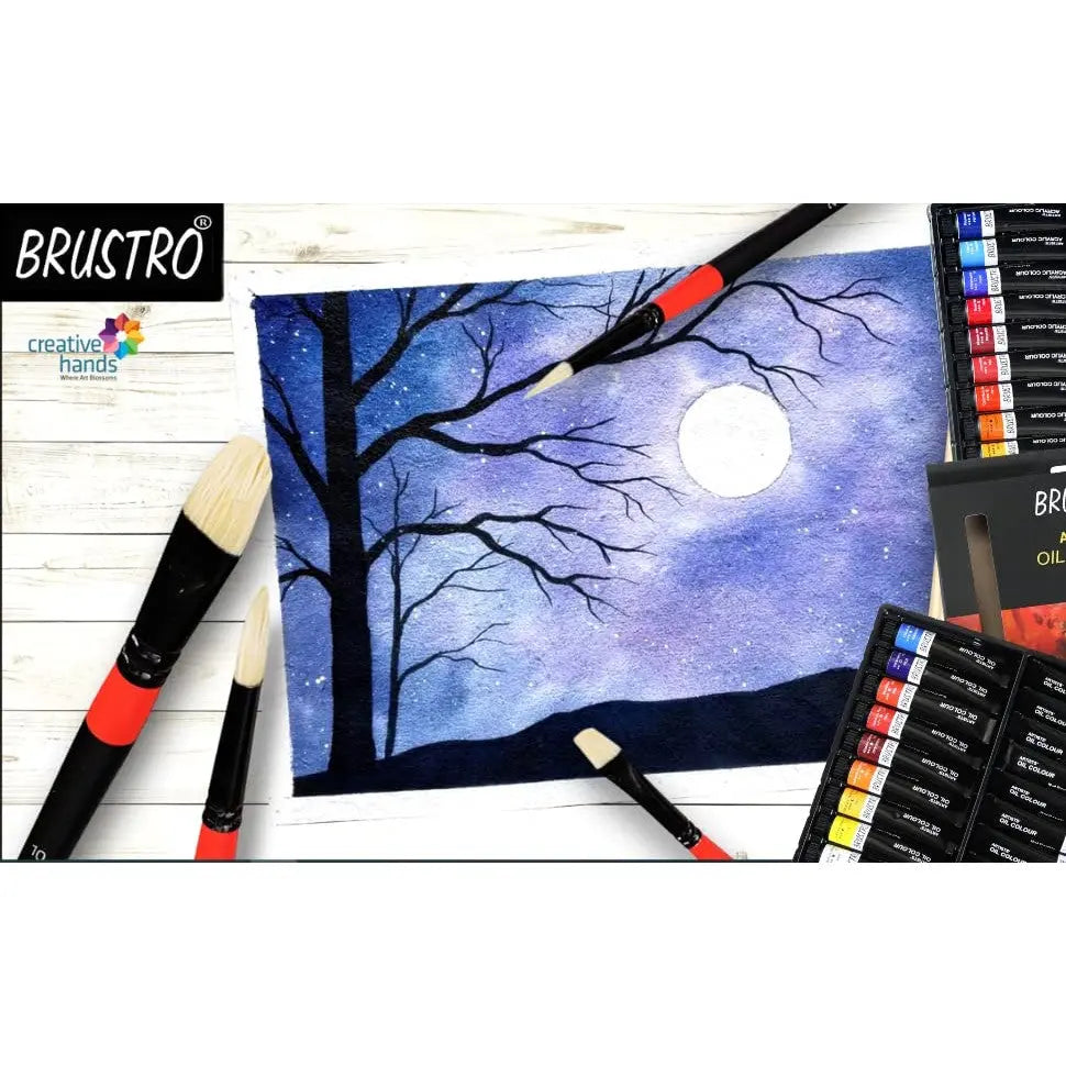 Brustro White Bristle Oil, Acrylic Colour Round  Brush Set Of 10 Brustro