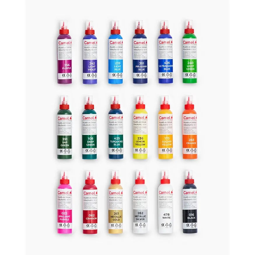 Camel Fluid Acrylic Colours Set of 18 Bottles Camel