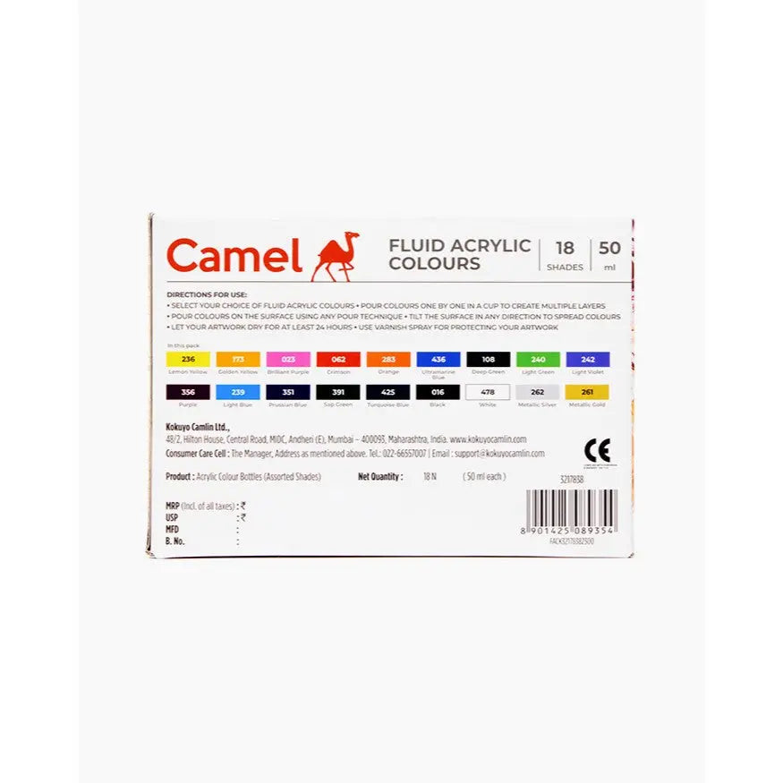 Camel Fluid Acrylic Colours Set of 18 Bottles Camel
