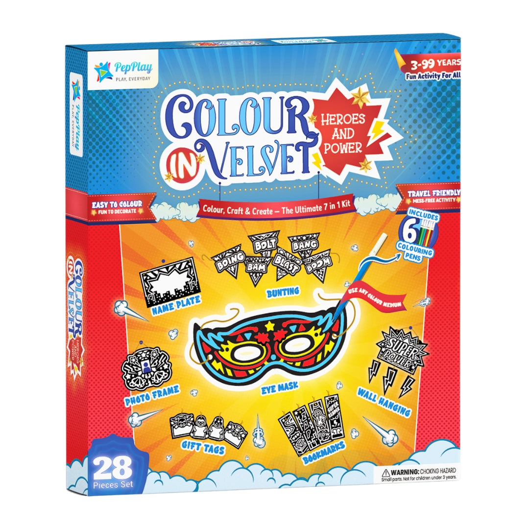 Colour in Velvet Heroes and Power kit box – 28-piece craft activity with velvet colouring and superhero pretend play elements – PepPlay India