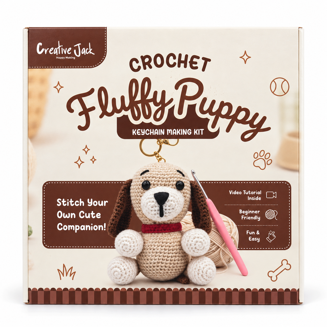 Crochet Keychain Making Kit - Fluffy Puppy - CreativeJackFluffyPuppyCrochetKit