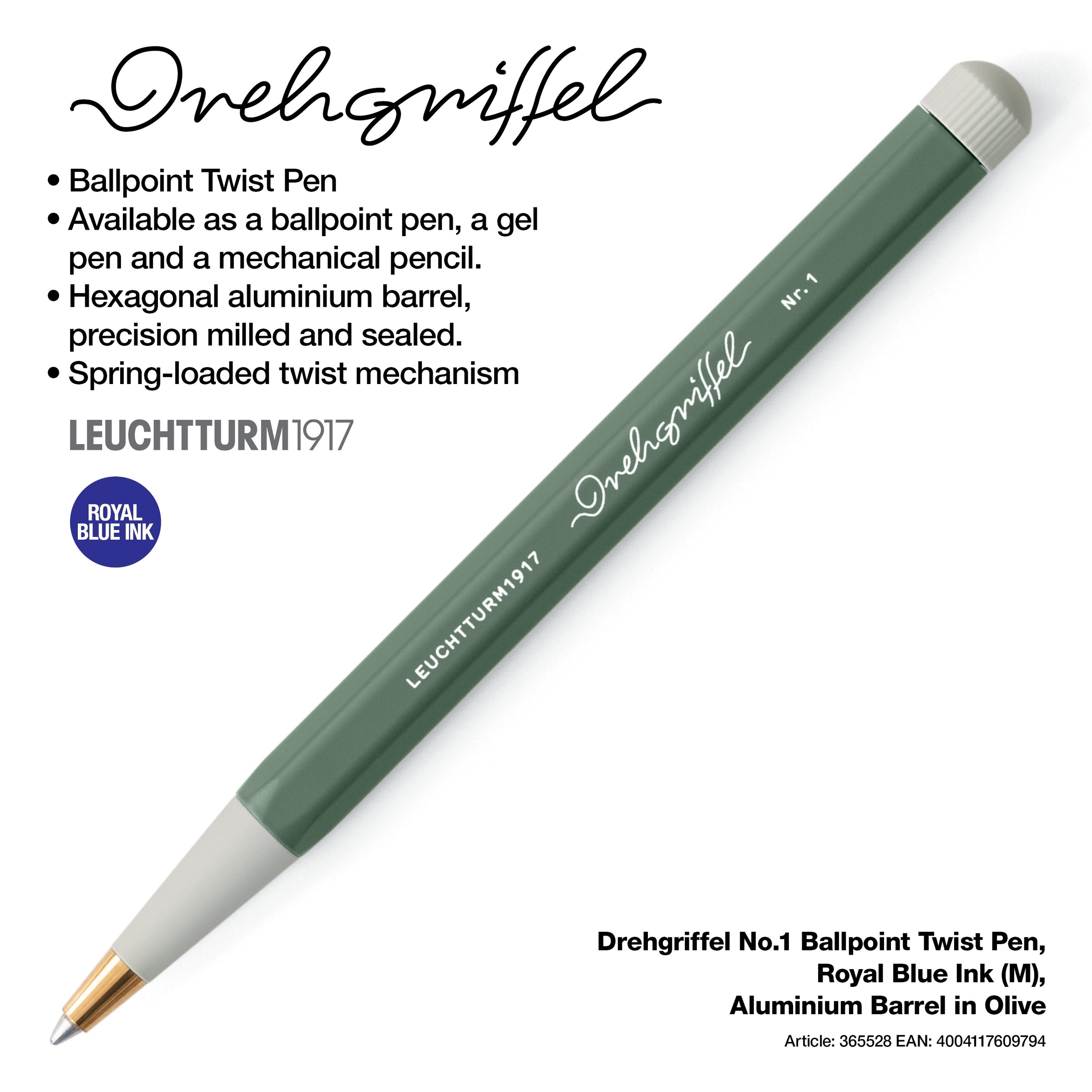 LEUCHTTURM1917 Ball Point Pen with Royal Blue Ink | Drehgriffel No. 1 | Olive Green | Twist Mechanism LEUCHTTURM1917