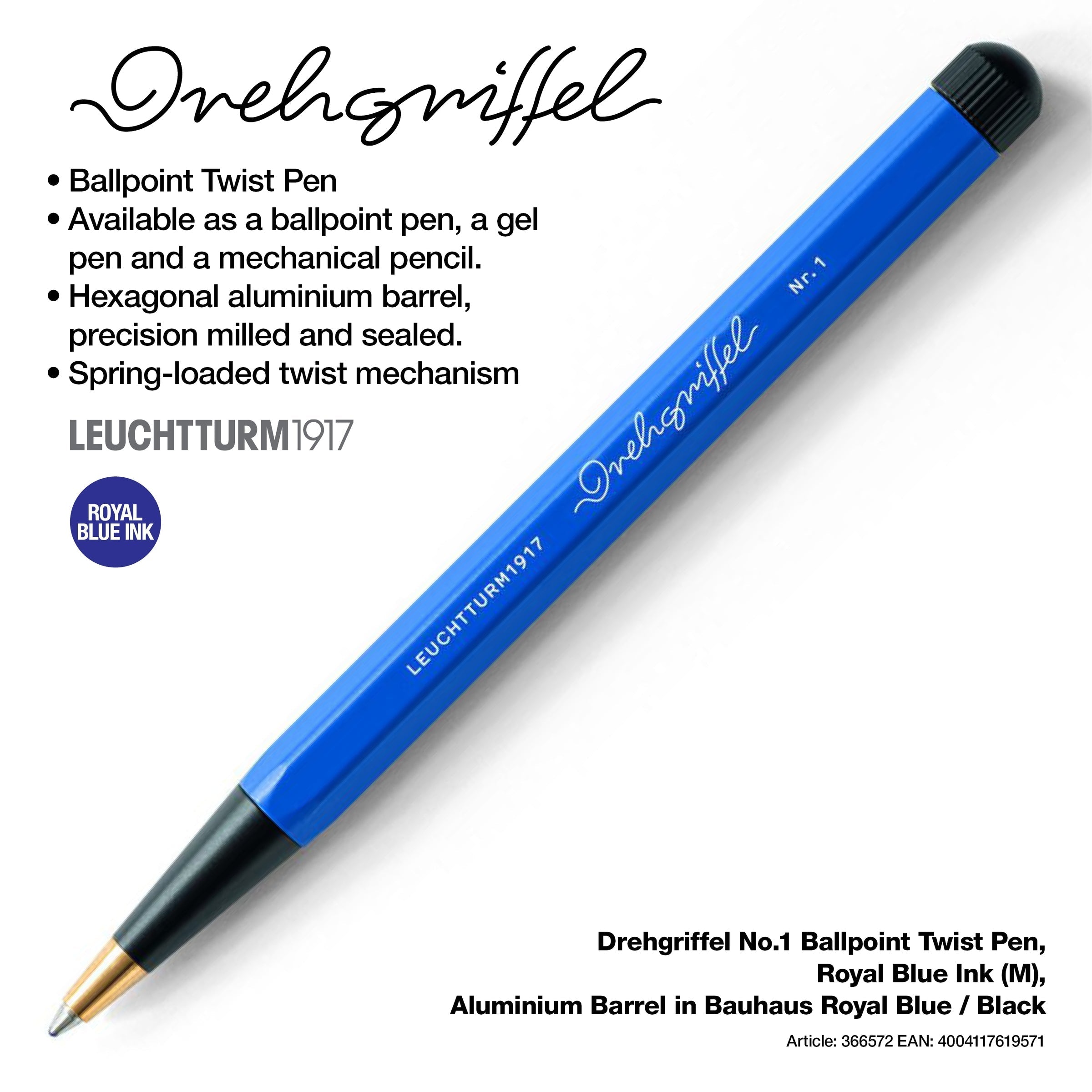 LEUCHTTURM1917 Ball Point Pen with Royal Blue Ink | Bauhaus Edition | Drehgriffel No. 1 | Royal Blue/Black | Twist Mechanism LEUCHTTURM1917