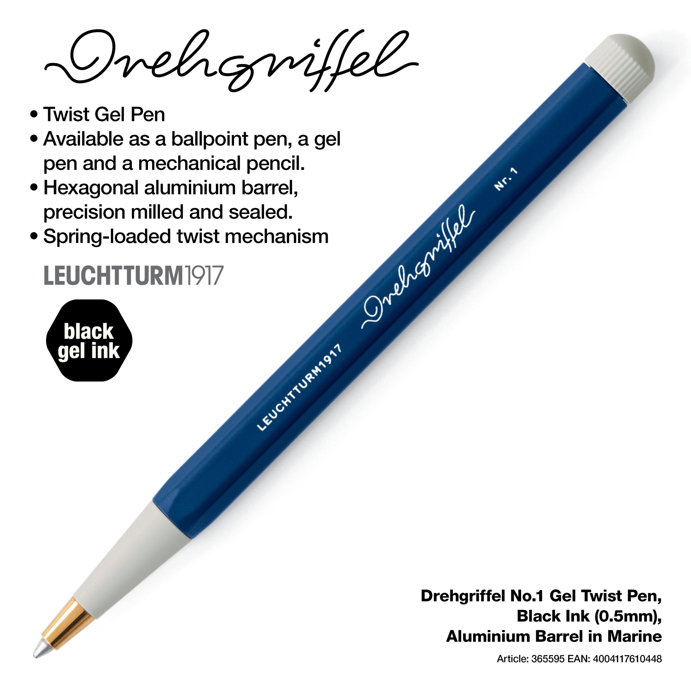 LEUCHTTURM1917 Gel Pen with Document Proof Black Ink | Drehgriffel No. 1 | Navy Blue| Twist Mechanism LEUCHTTURM1917