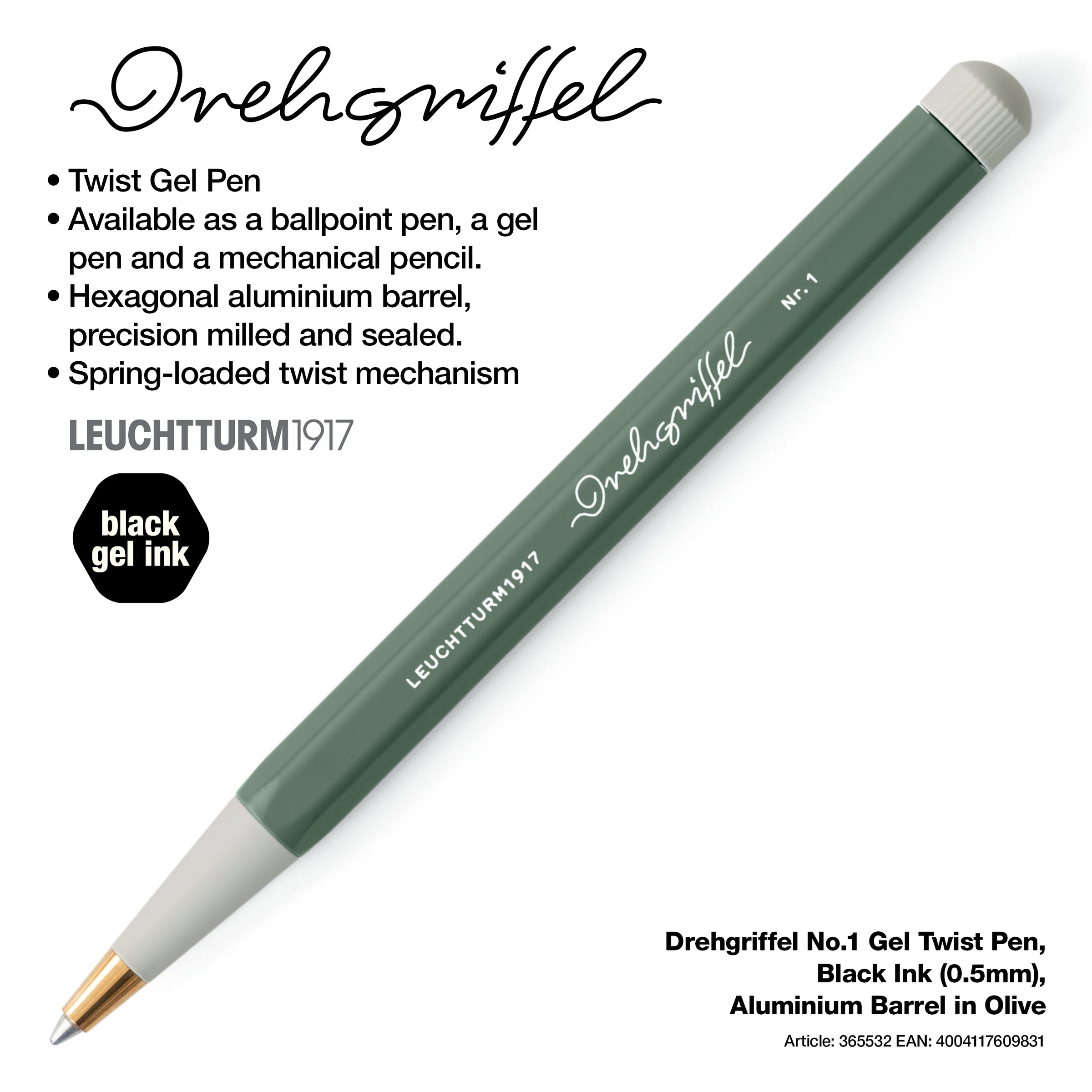 LEUCHTTURM1917 Gel Pen with Document Proof Black Ink | Drehgriffel No. 1 | Olive Green| Twist Mechanism LEUCHTTURM1917