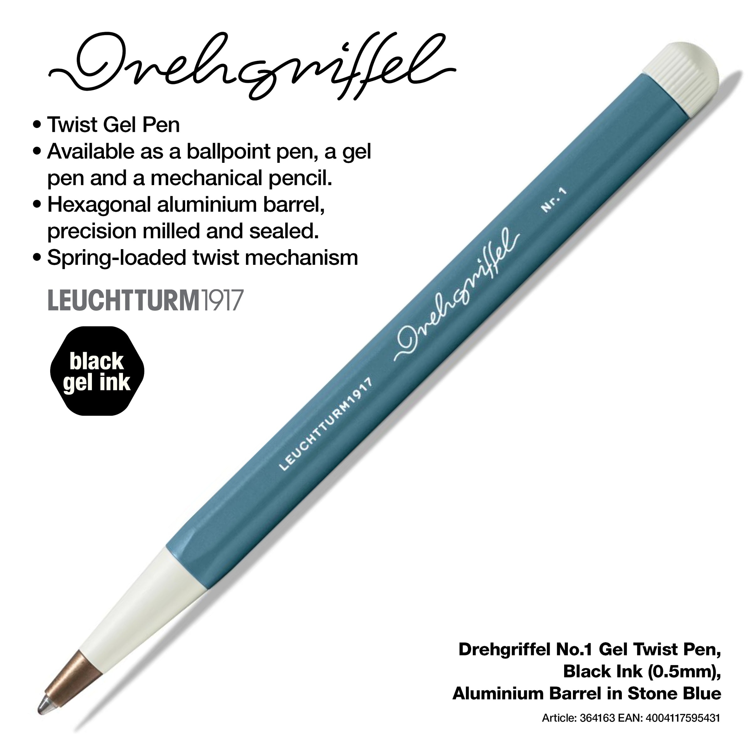 LEUCHTTURM1917 Gel Pen with Document Proof Black Ink | Drehgriffel No. 1 | Stone Blue| Twist Mechanism LEUCHTTURM1917