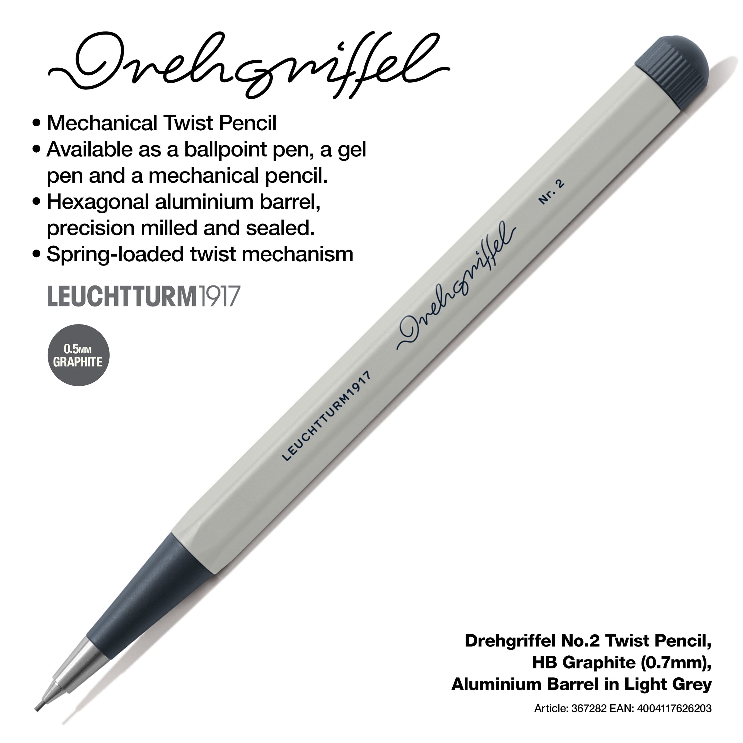 LEUCHTTURM1917 0.7mm Mechanical Clutch Pencil | Graphite HB Lead | Drehgriffel No. 2 | Light Grey | Twist Mechanism LEUCHTTURM1917