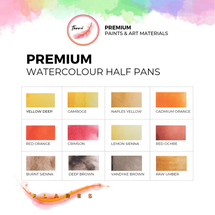 Thoovi Premium Watercolor Half Pans Set of 12 Flares Shades Chart
