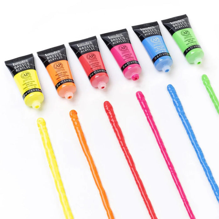 Set of six tubes of fluorescentes colored paint including pink, yellow, green, blue, orange, and red.