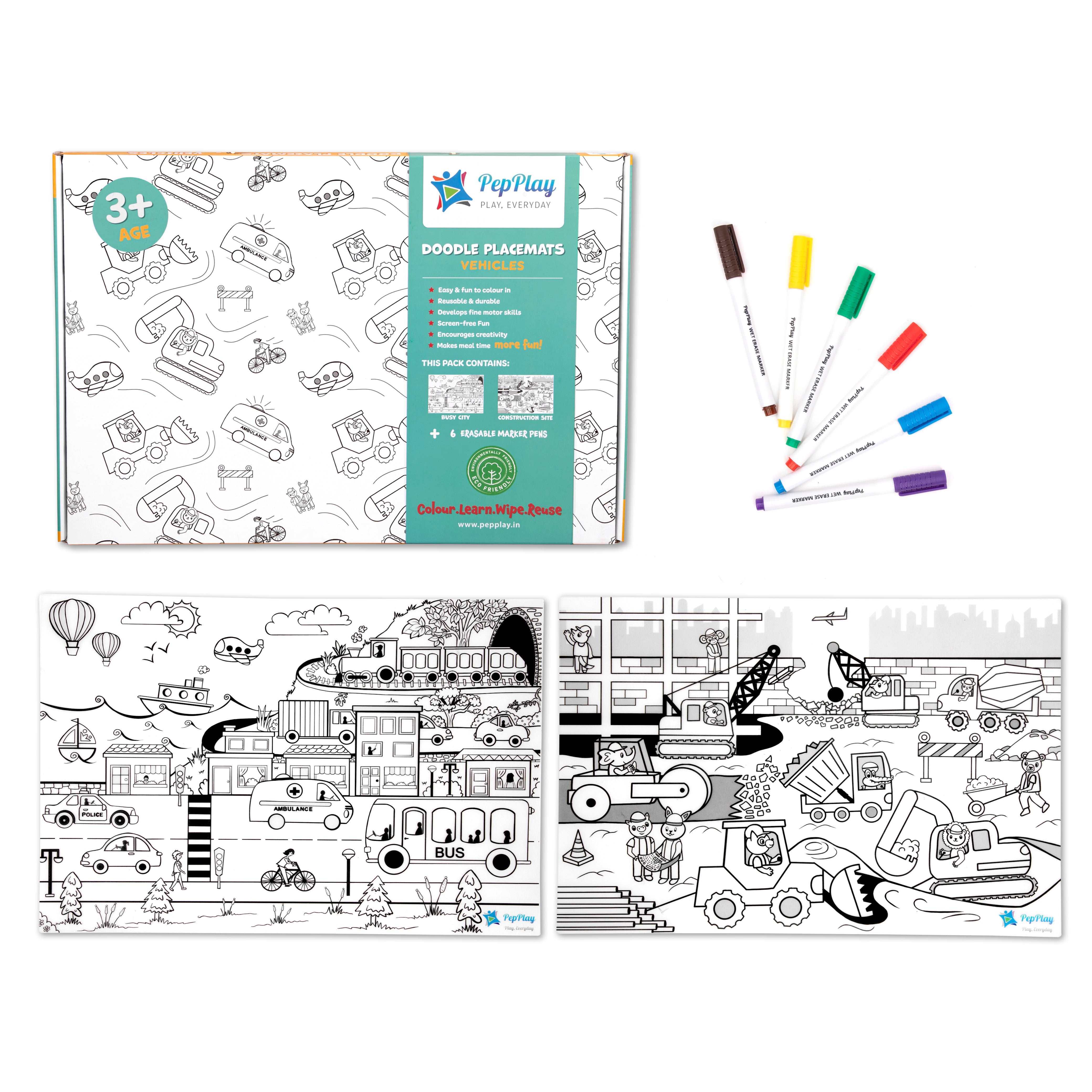 PepPlay Doodle Placemats - Vehicles Series | Reusable Colour & Learn Fun | 3+ Years