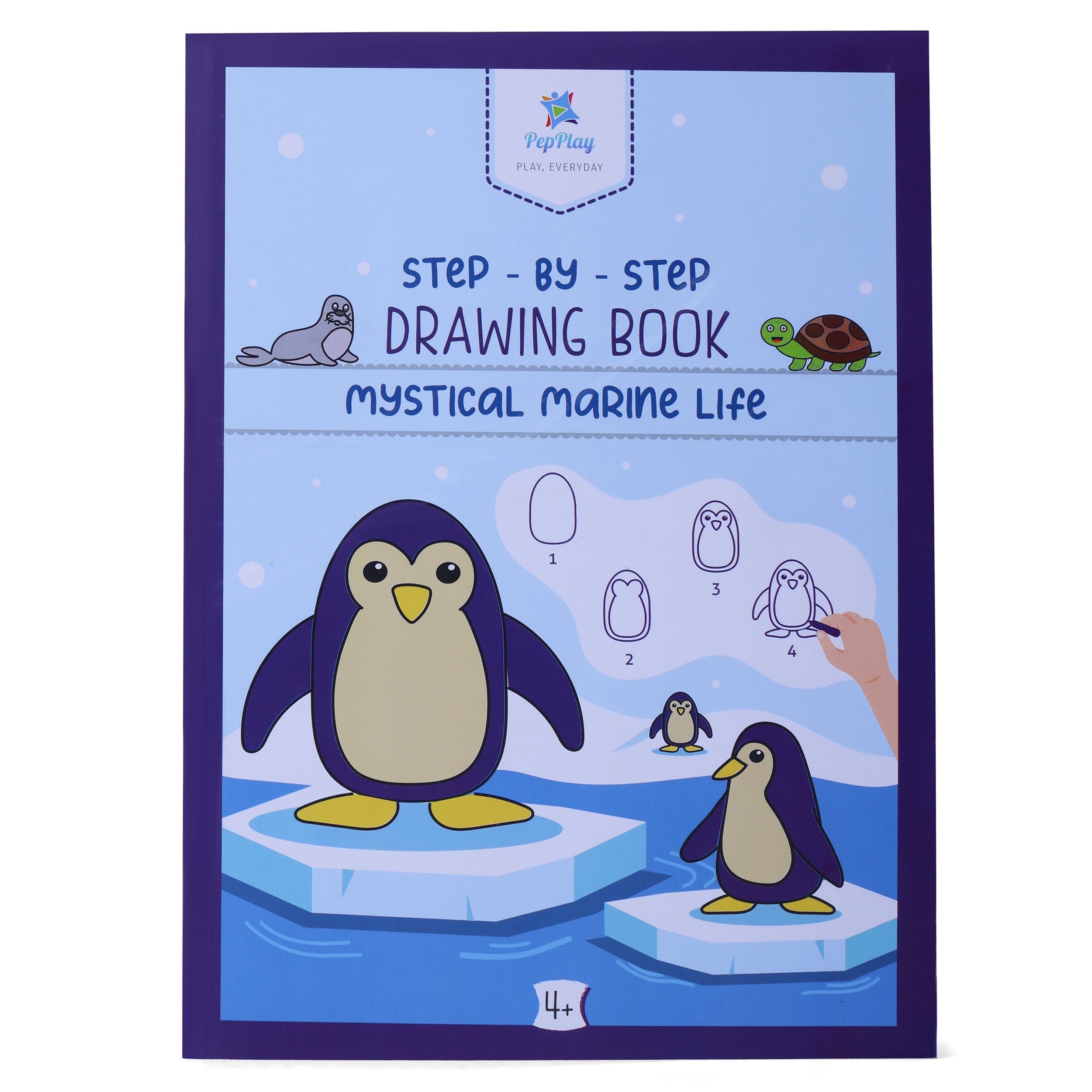 Step-by-step drawing book cover with penguin and marine animals – guided drawing practice for kids – PepPlay India
