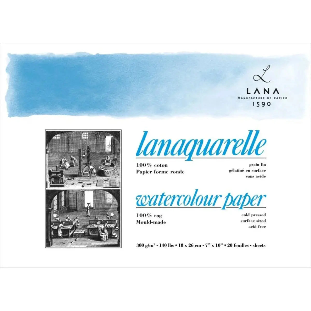 Lana Artist Watercolour Lanaquarelle Natural White 300GSM,100% Cotton paper 4Side Glued Pad(Block)-20SHT Lana