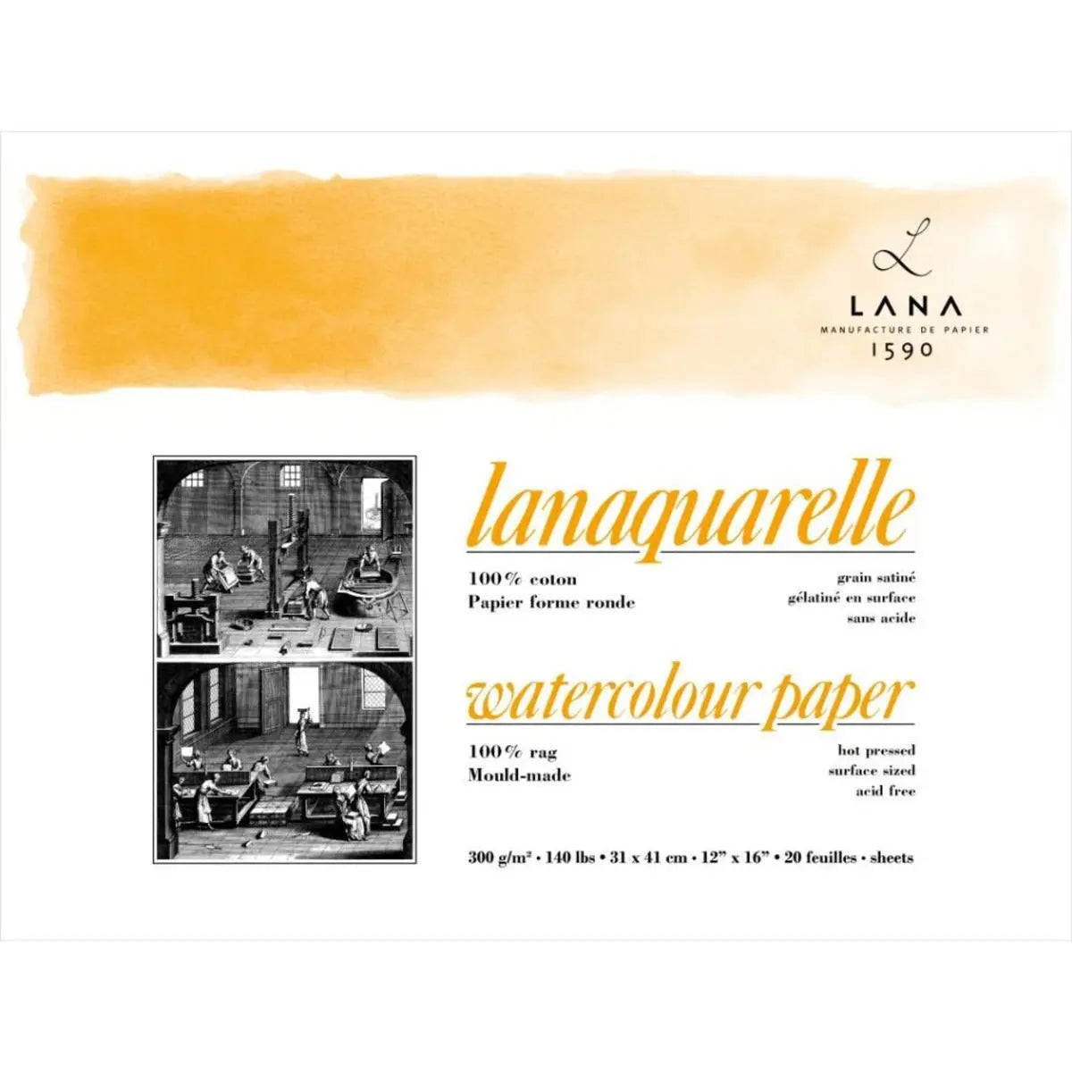 Lana Artist Watercolour Lanaquarelle Natural White 300GSM,100% Cotton paper 4Side Glued Pad(Block)-20SHT Lana