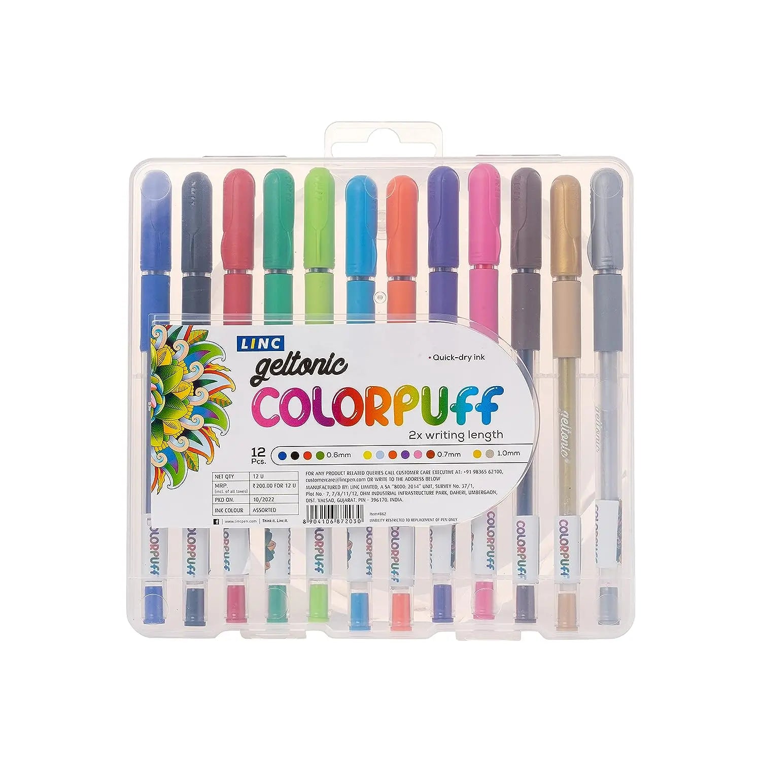 Linc Geltonic Colorpuff Multicolor Gel Pen - 0.6-1.0mm Tip - Pack of 12 Linc