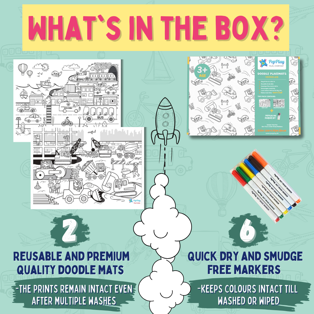 What’s in the Doodle Placemats box – 2 reusable placemats and 6 quick dry smudge-free markers – PepPlay India