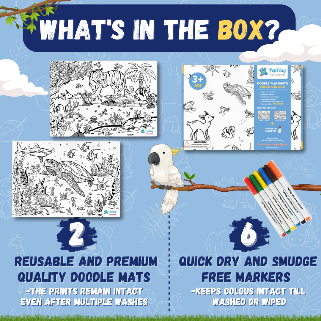 What’s in the Doodle Placemats box – 2 reusable placemats and 6 quick dry smudge-free markers – PepPlay India