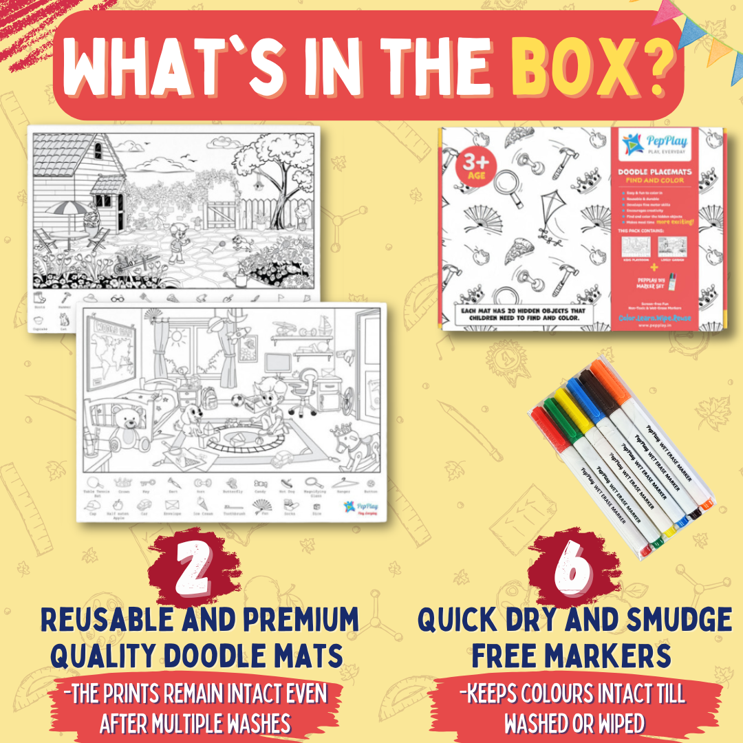PepPlay Doodle Placemats - Find & Colour Series | Reusable Colour & Learn Fun | 3+ Years