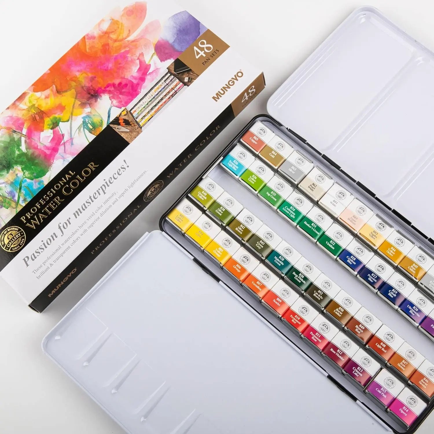 MUNGYO Professional Half Pan Size Water Colors Set in Tin Case/Integral  Mixing Palette in The lid (24 Colors)