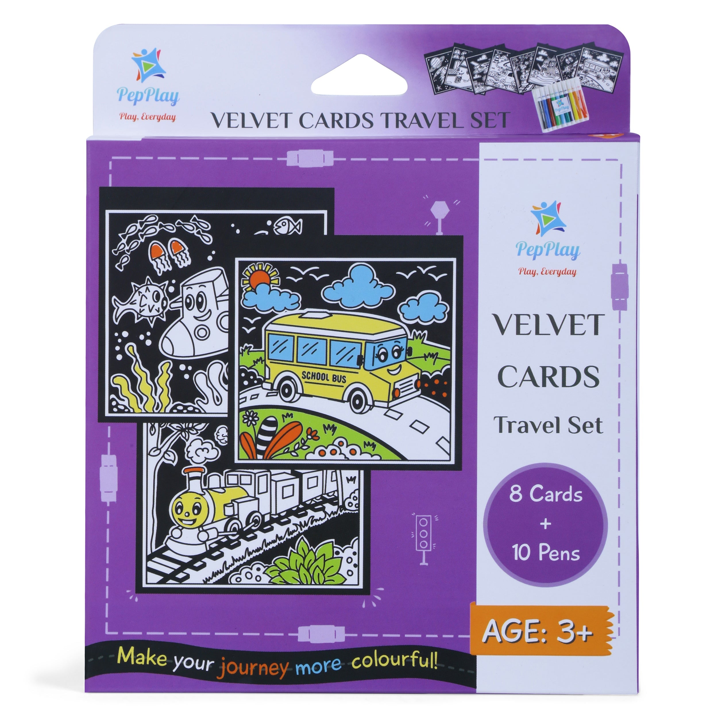 Velvet Cards Travel Set box – 8 travel-themed velvet colouring cards with 10 colouring pens – PepPlay India