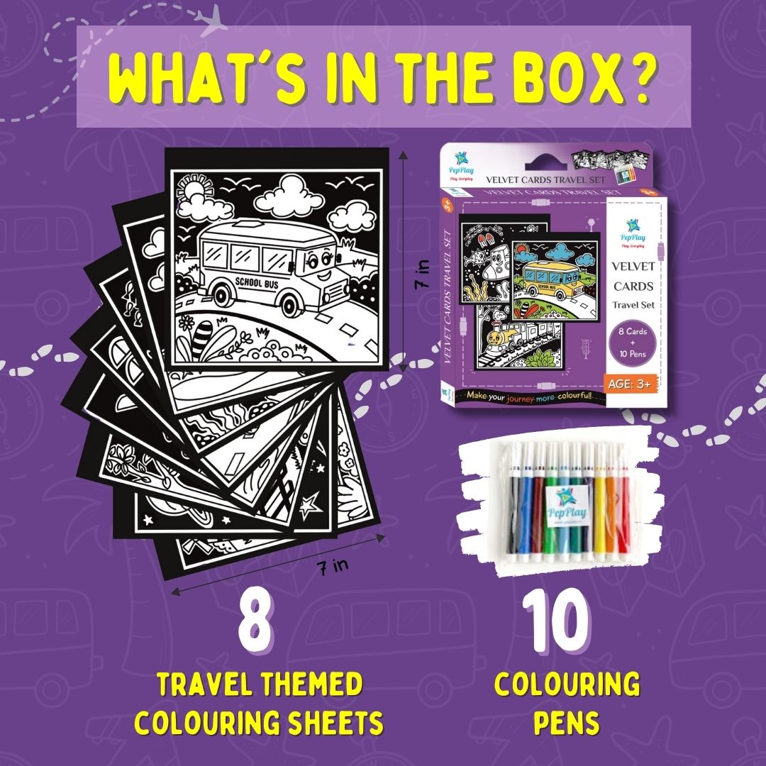 What’s in the Velvet Cards Travel Set box – 8 travel-themed colouring sheets and 10 colouring pens – PepPlay India