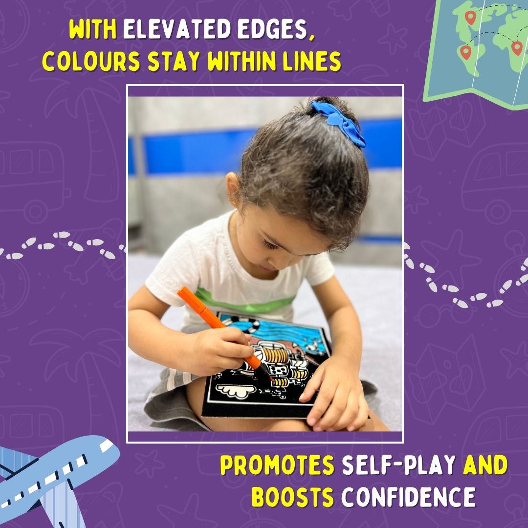 Child colouring a travel velvet card – elevated edges help colours stay within the lines and boost confidence – PepPlay India
