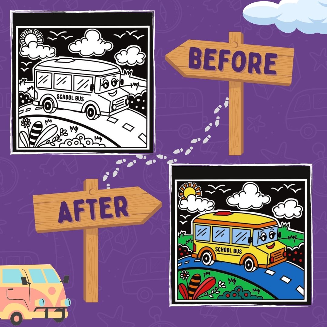 Before and after travel velvet card – black velvet artwork transformed into colourful vehicle art – PepPlay India
